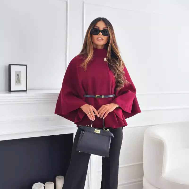 LUISA | Poncho negro moderno con cinturón