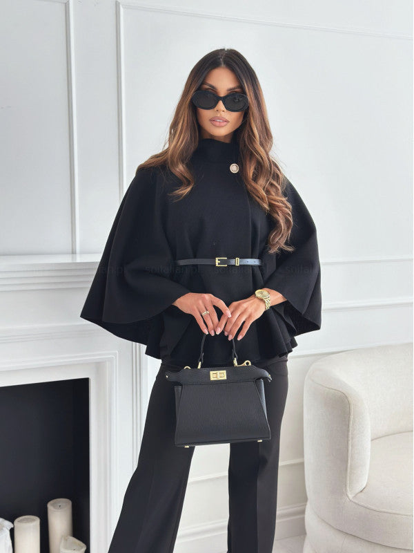 LUISA | Poncho negro moderno con cinturón