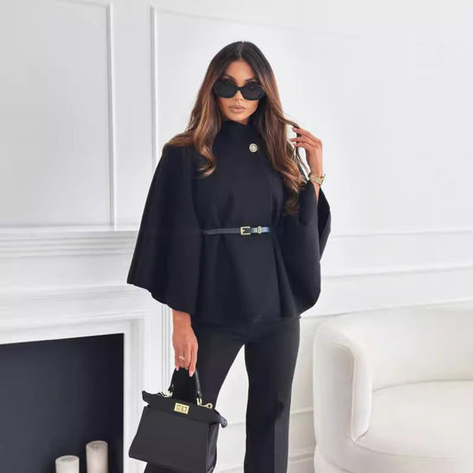 LUISA | Poncho negro moderno con cinturón